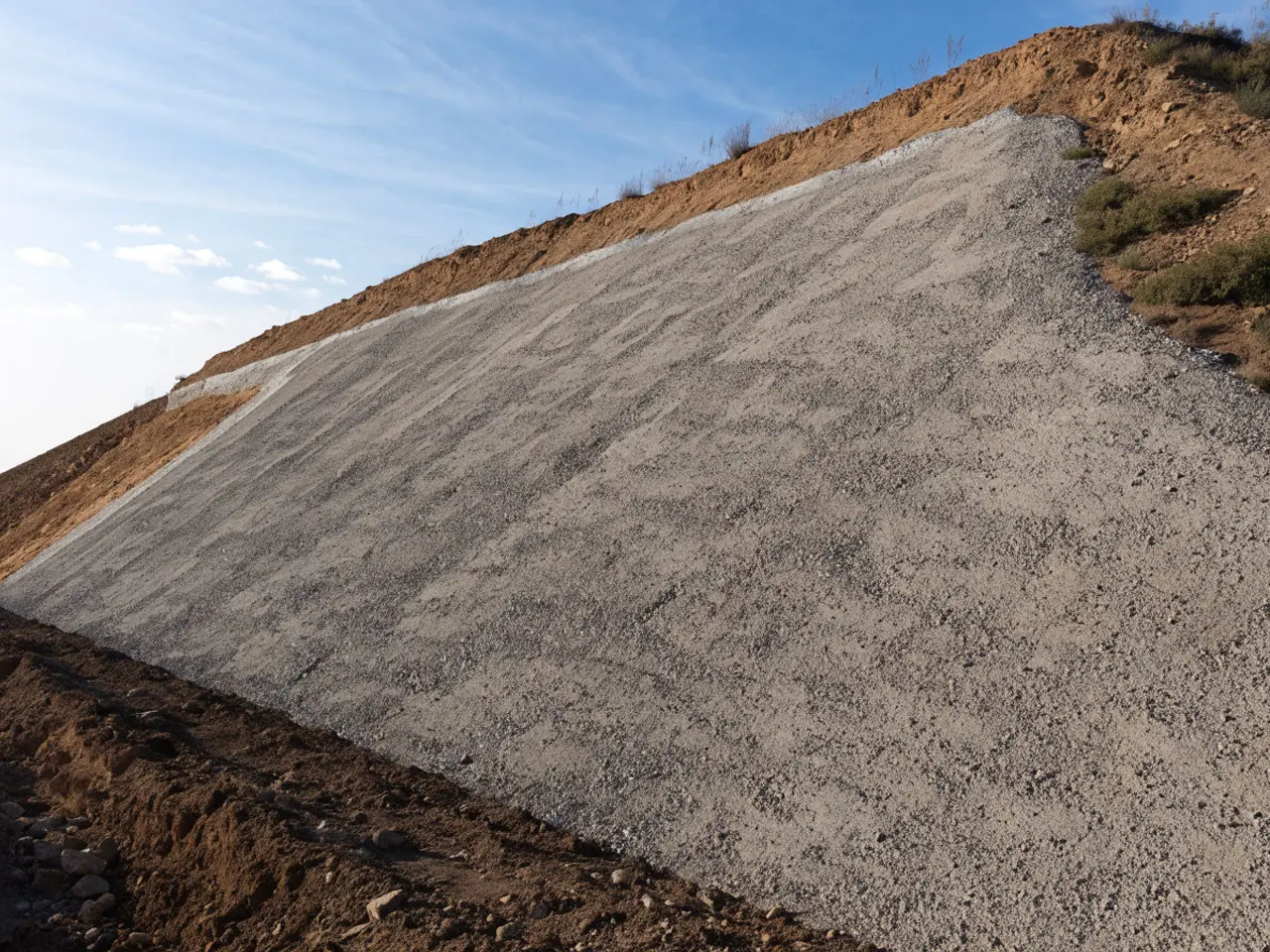 Talud estabilizado mediante hormigón proyectado sobre una superficie inclinada de terreno.